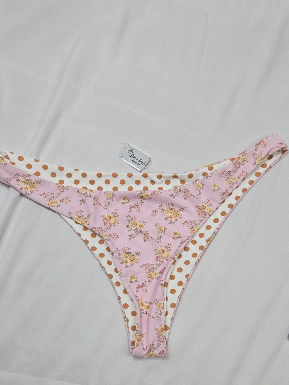 Dippin' Daisy's Pink Floral & Tan Polka Dot Reversible Bikini Bottoms XL
